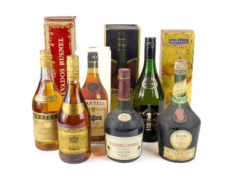 A bottle of Martell Cognac VS. Together with Courvoisier Cognac, Dom Benedictine and six other bottles of French spirits.(9)A