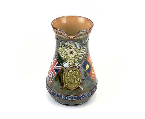 A Doulton Lambeth commemorative jug circa 1900. Inscribed In commemoration of the hoisting of the flag at Pretoria June 5th 1