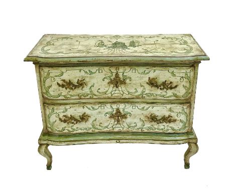 A Continental commode painted in the Chinoiserie style. 19th century, the two long drawers with ornate ormolu rococo style ha