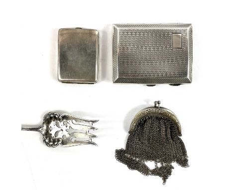 A silver cigarette, with engine-turned decoration. Together with a Sterling bread fork, a mesh coin purse and a plated match 