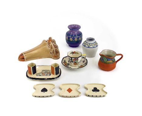 A Royal Doulton Bridge set matchstick holder and ashtray. Length 13cm, together with Burleigh Ware wall vase, small Poole pot