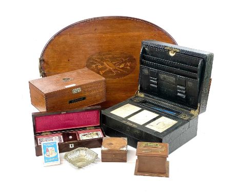 An early Victorian rosewood and mother of pearl inlaid cribbage box, width 28cm,  Together with a Morocco leather covered wri