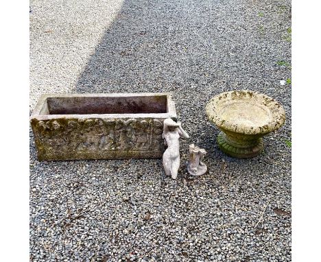 A reconstituted stone rectangular planter with moulded classical figures. Height 32cm width 86cm depth 33cm, together with a 