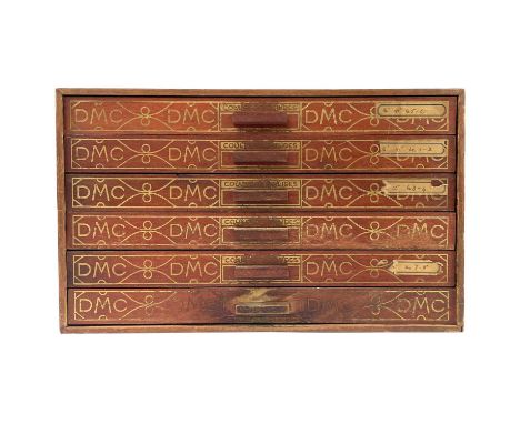 A 20th century six drawer collector or shop cabinet for DMC. Each drawer filled with embroidery floss of many colours, height