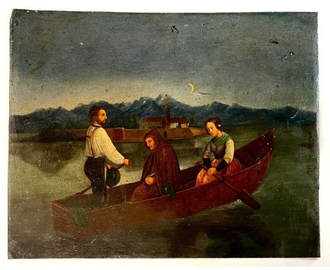 Follower of Christian RUBEN (1805-1875) Evening CrossingOil on ferrous panel36.5cm x 46cmThere is a thick varnish that covers