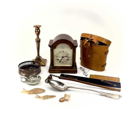 A French mahogany cased mantel timepiece. With arched silvered dial, height 19.5cm, together with other items including a pai