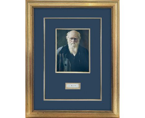 Charles Darwin, (1809-1882) English Naturalist, his signature. Mounted with a reproduction portrait in a handsome glazed fram