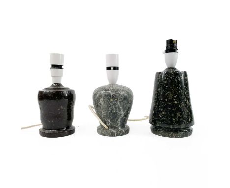 A Cornish Serpentine lamp base. Height 15.5cm together with two other Cornish Serpentine lamp bases. (3)All will need to be r