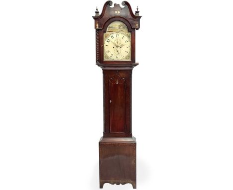 A mahogany, crossbanded and inlaid eight-day longcase clock. Circa 1800, with arched painted dial, etched bone inlay and spli