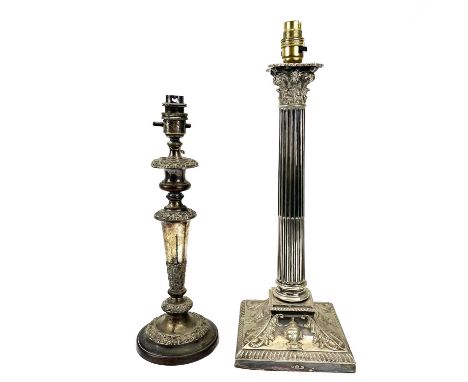 A large silver plate Corinthian column table lamp. Height 41cm together with another smaller silver plate table lamp. (2)