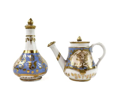 A Spode porcelain rosewater sprinkler modelled as a miniature watering can.  Height 6.5cm together with a Spode porcelain sce