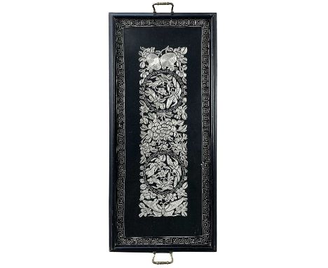 An early 20th century ebonized rectangular tray with a Chinese embroidered panel under glass Fitted with twin handles, 73cm x