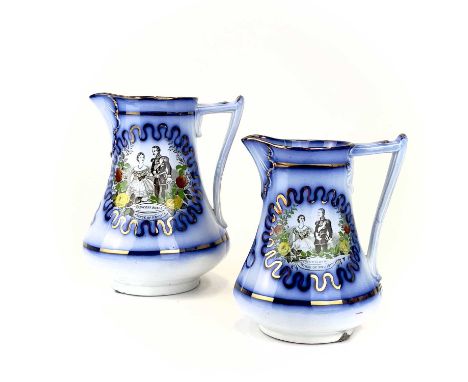 Two 19th century blue flow ceramic jugs commemorating the marriage of Prince Fredrich of Prussia. Transfer printed decoration