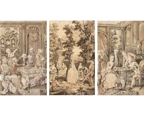 A pair of embroidered panels in the French 18th century style. 20th century, each worked with interior scenes, 94X59.5cm, tog