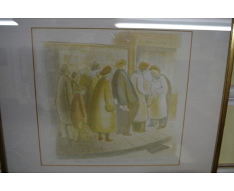 Eric James Mellon, figure outside a shop, signed, numbered 4/6, inscribed and dated 1946, colour print, 27 x 29cm.