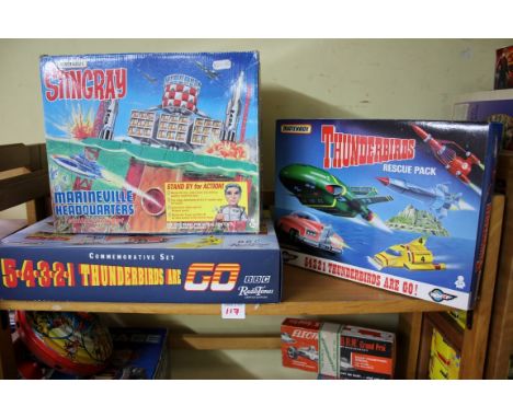 Three Matchbox model sets, comprising: 'Stingray' Marineville Headquarters playset; a Thunderbirds 'Rescue Pack'; and a Thund