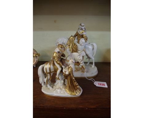 Two similar Sitzendorf white glazed and gilt figure groups, largest 20cm high.    Condition Report:  Smaller model - chip to 