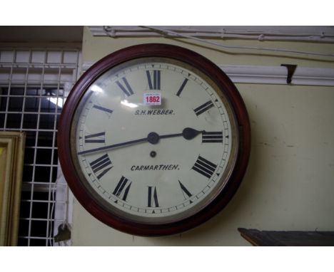 A Victorian mahogany fusee circular wall clock, the 11½in painted dial inscribed 'S H Webber, Camarthen'. Condition Report: D