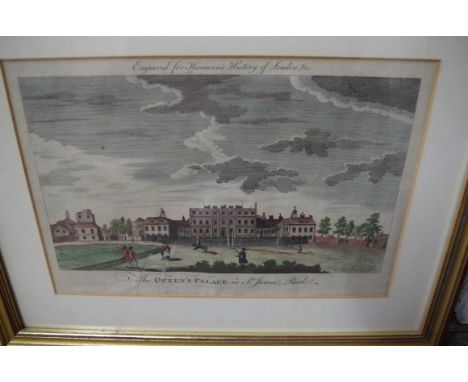 An 18th century coloured engraving of 'The Queen's Palace in St James's Park'; together with a further antique French coloure