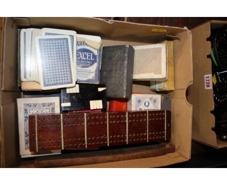 Pastimes: twelve various bridge markers; together with two cribbage boards; and a quantity of playing cards.  
