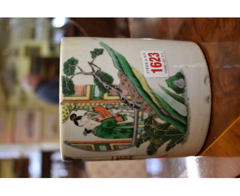 A Chinese famille verte brush pot, Kangxi four character mark, 13.5cm high, (shallow chips). Condition Report: Chips seen to 