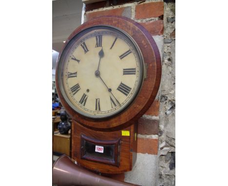 A late 19th century walnut and crossbanded drop dial wall clock, 11.5in painted circular dial.     