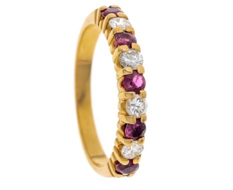 Rubin-Brillant-Ring RG 750/000 ungest., gepr., mit 5 rund fac. Rubine 2,5 mm in guter Farbe und 4 Brillanten, zus. 0,20 ct W/