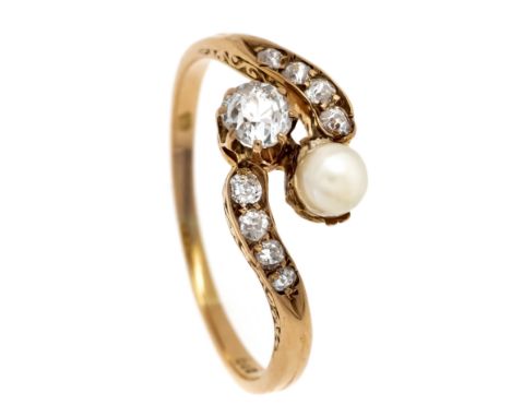 Belle Époque-Ring RG/WG 585/000 mit einer weißen Perle 4 mm und 9 Altschliff-Diamanten, zus. 0,40 ct l.get.W/SI, RG 58, 2,2 g