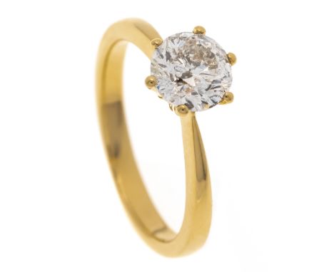 Brillant-Ring GG 750/000 mit einem Brillanten ca. 1,35 ct l.get.W-W/PI2, RG 53, 3,5 g