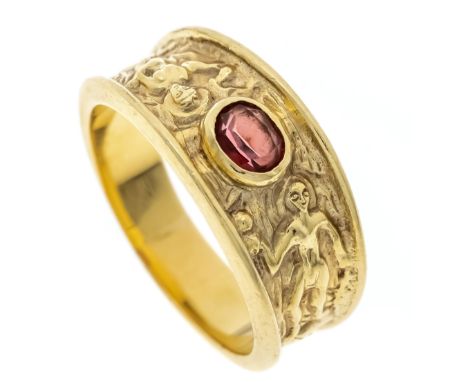 Biblischer Motiv-Ring GG 585/000 mit einem oval fac. roten Schmuckstein 5 x 4 mm, Darstellung der biblischen Erzählung von Ad
