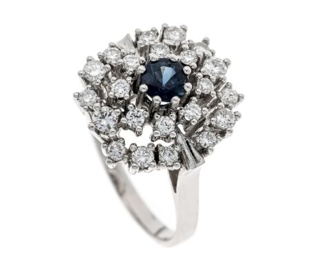 Saphir-Brillant-Ring WG 585/000 mit einem rund fac. Saphir 5 mm, Dunkelblau, transparent und 22 Brillanten, zus. ca. 0,70 ct 