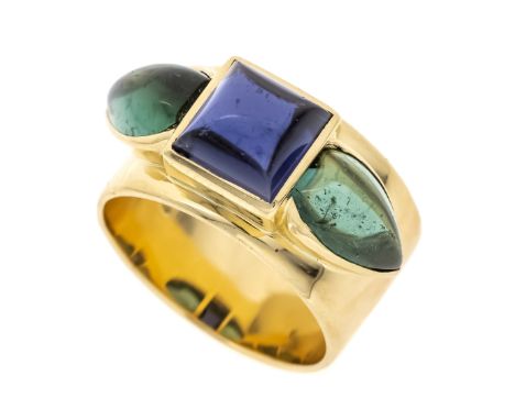Tansanit-Turmalin-Ring GG 750/000 mit einem quadratischen Tansanit-Cabochon 7,9 mm, in einem dunkleren rotstichigen Blau, lei