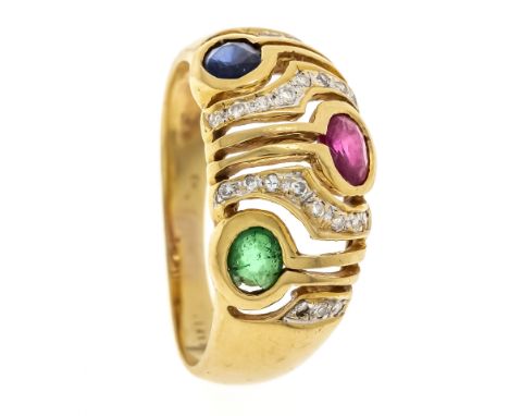 Rubin-Smaragd-Saphir-Ring GG 585/000 mit je einem oval fac. Rubin, Smaragd und Saphir 4,1 x 3,6 mm und 22 Brillanten, zus. 0,