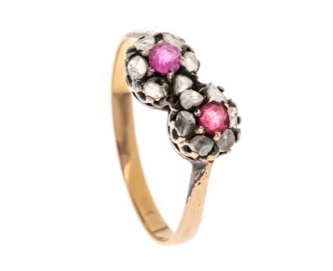 Diamantrosen-Rubin-Ring GG/WG 750/000 mit 2 rund fac. Rubinen 3,0 mm und Diamantrosen, RG 52, 1,5 g