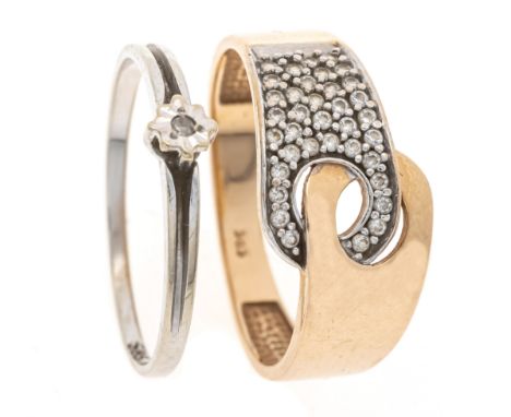 2-teiliges Ring-Konvolut RG/WG 585/000 mit 37 Achtkant-Diamanten get.W/SI, RG 57 und 54, 4,1 g