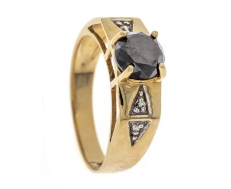 Schwarzer Brillant-Ring GG/WG 375/000 mit einem Brillanten ca. 1,00 ct Schwarz und 4 Achtkant-Diamanten, zus. 0,02 ct get.W/S