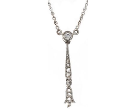 Art Deco-Collier GG/WG 585/000 mit einem Achtkant-Diamanten 0,03 ct W/SI und Diamantrosen, Kette mit Kastenschließe und SI-Ac
