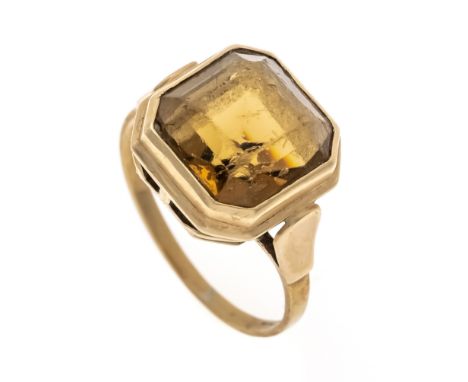 Edelstein-Ring GG 585/000 mit einem quadratisch fac.cognacfarbenen Schmuckstein 11 mm, berieben, RG 58, 5,0 g