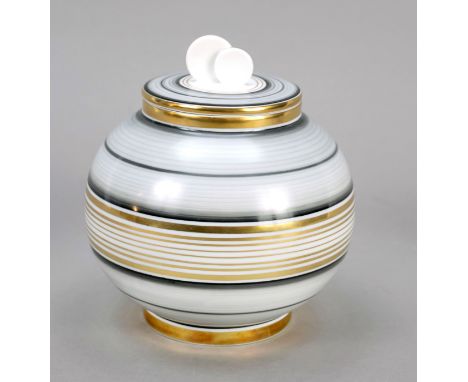 Bonboniere, Art Deco, Arzberg, Bayern, 1920-30er Jahre, Kugelform mit Doppelscheibenknauf, Dekor  mit konzentrischen Kreisen 