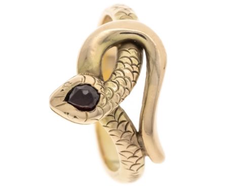Schlangen-Ring GG 585/000 mit einem tropfenförmig fac. Granat 4 x 3 mm, RG 56, 4,9 g