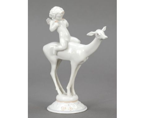 Art-Deo-Figur, Putto auf einem Reh reitend, Hutschenreuther, Marke der Kunstabteilung 1920-38, Entwurf Karl Tutter, auf runde
