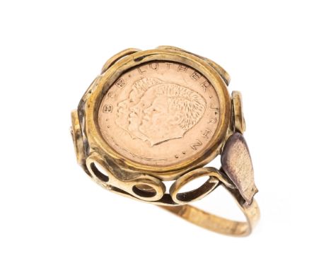 Münz-Ring GG 333/000 mit einer Gedenkmünze der John F. und Robert Kennedy, Martin Luther King, D. 12,4 mm, RG 55, 2,4 g