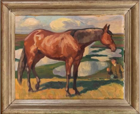 Hugo Friedrich Hartmann (1870-1960), Portrait eines Pferdes vor Landschaft, Öl auf Malkarton, u. re. sign., 35 x 43 cm, ger. 