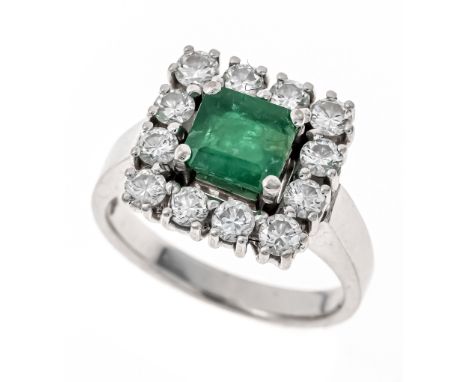 Smaragd-Brillant-Ring WG 585/000 mit einem quadratisch fac. Smaragd 6,8 x 6,1 mm, Grün, semi-transparent und 12 Brillanten, z