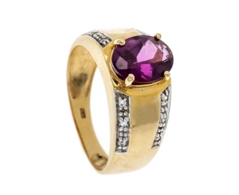 Edelstein-Diamant-Ring GG/WG 375/000 mit einem oval fac. Edelstein 9,0 x 7,0 mm und 12 Achtkant-Diamanten, zus. 0,04 ct get.W