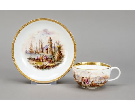 Tasse mit Untertasse, Meissen, Knauff-Schwerter 1850-1924, 1. W., Tasse in Halbkugelform mit Ohrenhenkel, umlaufend feine Mal