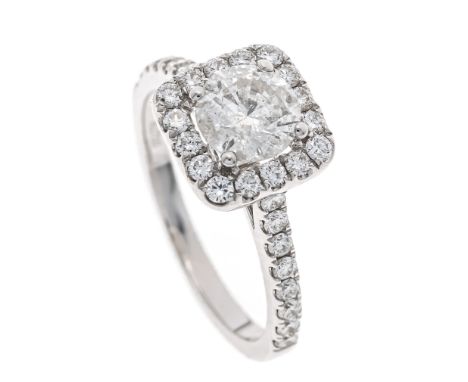 Brillant-Ring WG 750/000 mit einem Brillanten 1,06 ct W/PI2 und 32 Brillanten, zus. 0,80 ct W/SI, RG 53, 3,7 g
