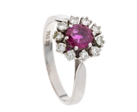 Rubin-Brillant-Ring WG 750/000 mit einem oval fac. Rubin 6,0 x 5,5 mm und 10 Brillanten, zus. 0,20 ct W/VS-SI, RG 56, 3,9 g