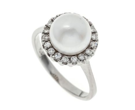 Akoya-Diamant-Ring WG 750/000 mit einer weißen Zuchtperle 8,4 mm und 18 Achtkant-Diamanten, zus. ca. 0,13 ct W/SI, RG 49, 4,2