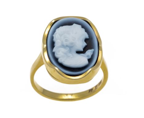 Achatgemmen-Ring GG 585/000 mit einer ovalen, fein geschnitzten Achatgemme 18 x 12,5 mm, Portrait einer Mädchenbüste, RG 56, 